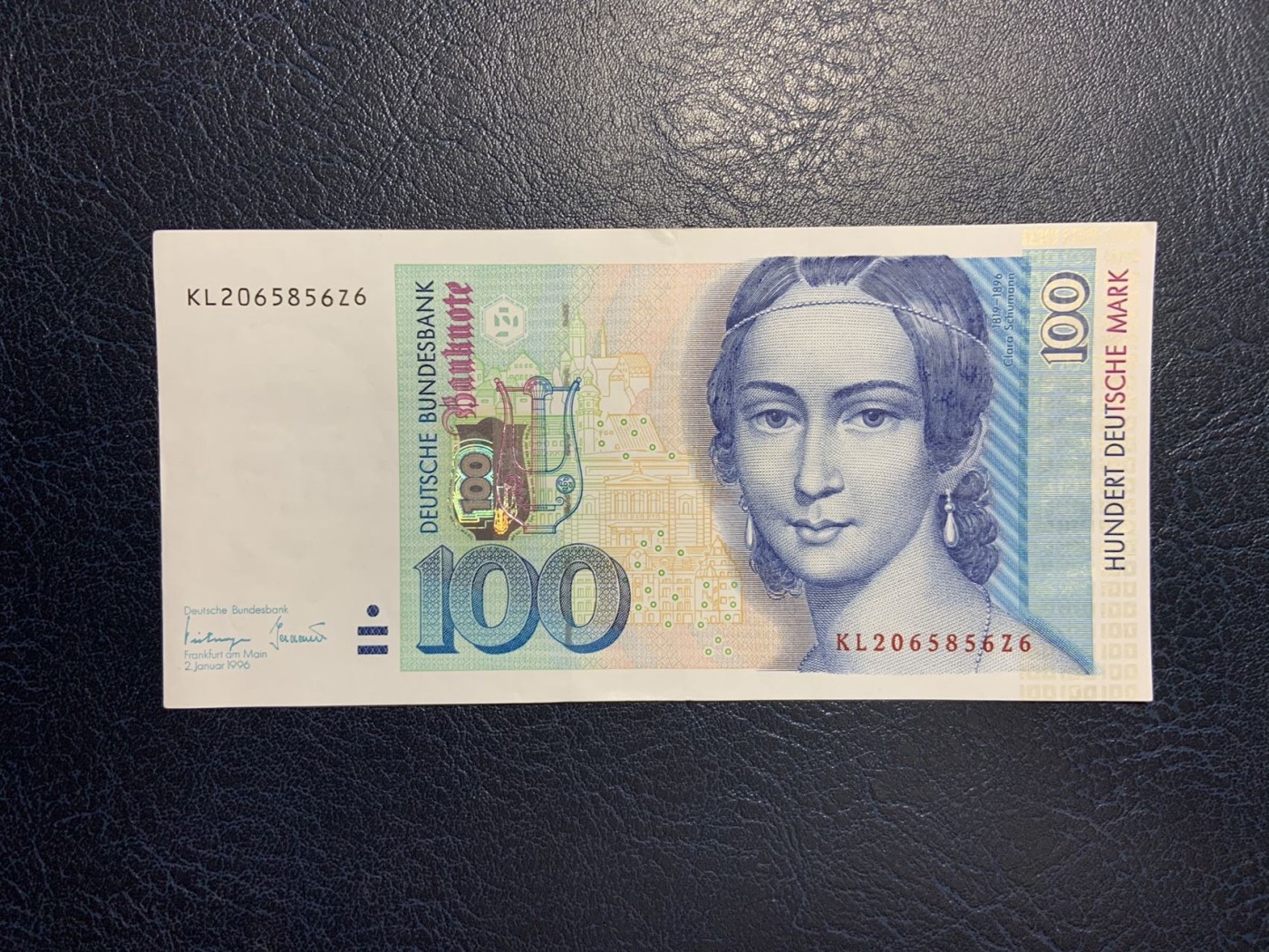 收藏联盟Quantum Auction 第283期拍卖  德国联邦1996年100马克 品相AU- 钢琴家 克拉拉.舒曼