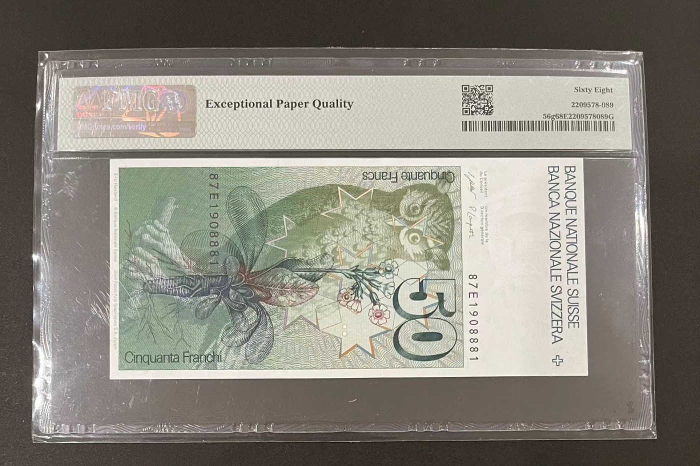收藏联盟Quantum Auction 第283期拍卖  瑞士1987年50法郎 PMG68 高分稀少(亚军分，仅1张冠军分) 全程倒置号 号码无3457且为888豹子身  生物学家和医生 葛斯纳