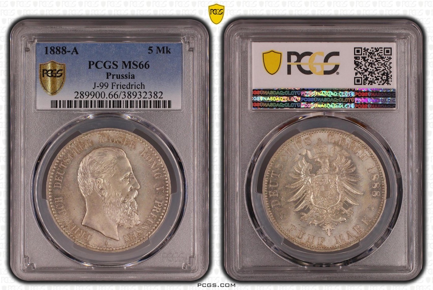 万国钱币拍卖第014期（奢华币宴第一季） PCGS MS66 1888德国普鲁士三皇年弗三短翅5马克 顶级品相