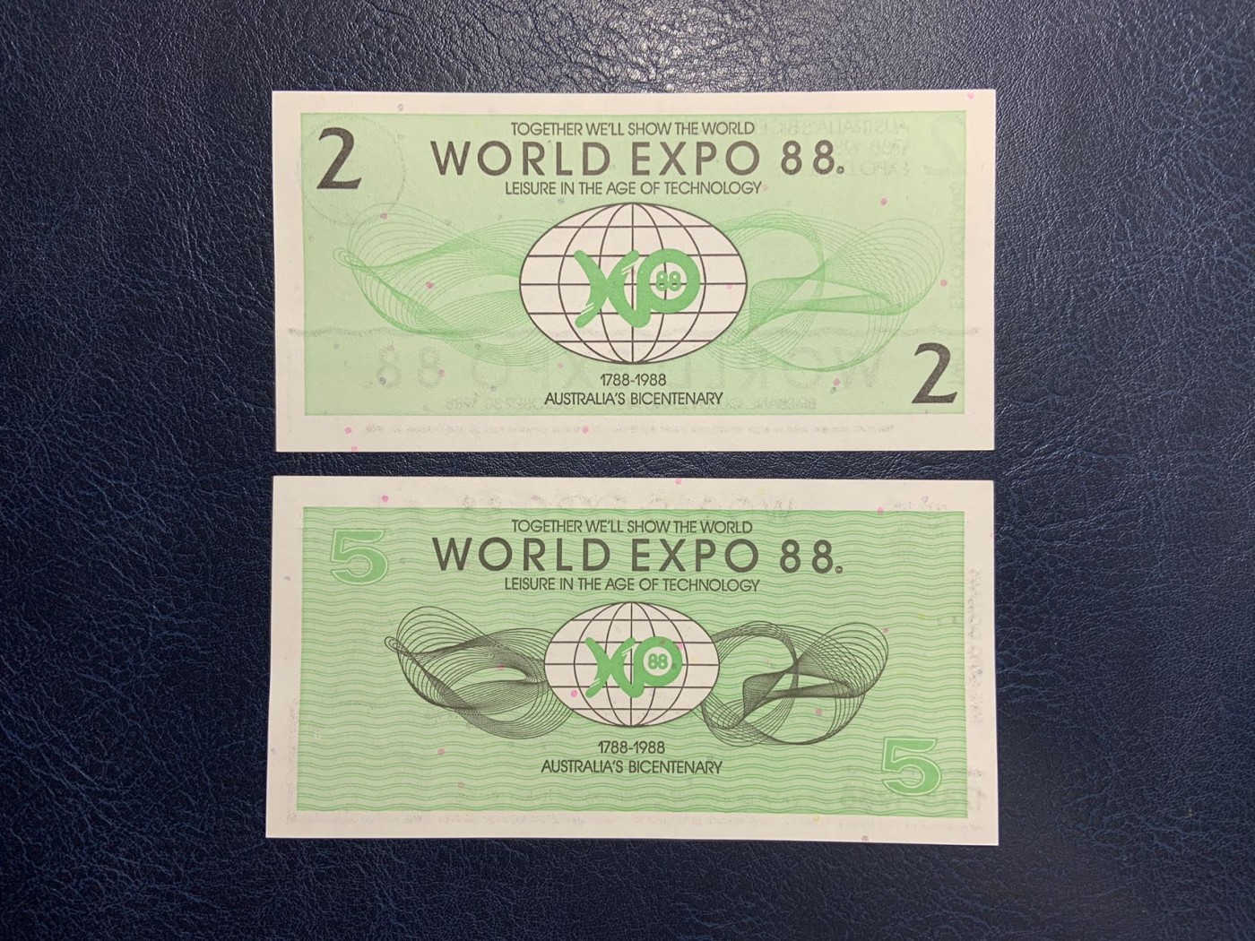 收藏联盟Quantum Auction 第283期拍卖  澳大利亚1988年布里斯班世博会2和5元代金 品相UNC  雕刻版