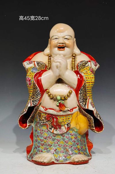 三十年代【曾龙昇】倾心之作，粉彩弥勒佛站像。 - 亚太艺术品- 亚太