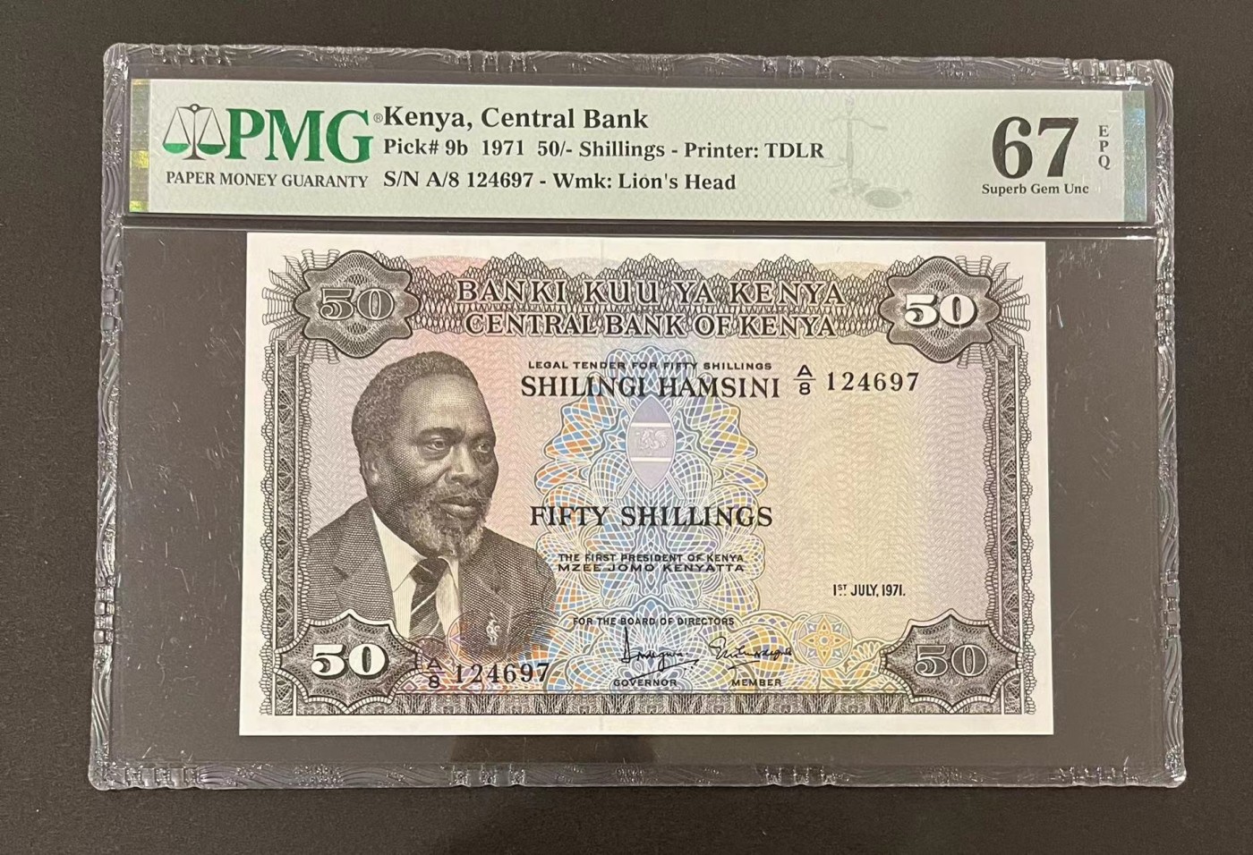 收藏联盟Quantum Auction 第283期拍卖  肯尼亚中央银行1971年50先令 PMG67 大票幅 采棉花