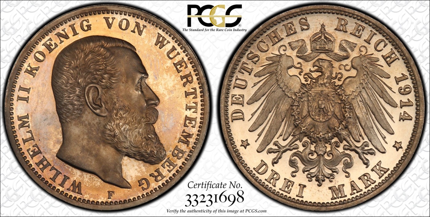 万国钱币拍卖第014期（奢华币宴第一季） PCGS PR63DC 1914年德国符腾堡长翅3马克 深度镜面 原味实在是爱不释手