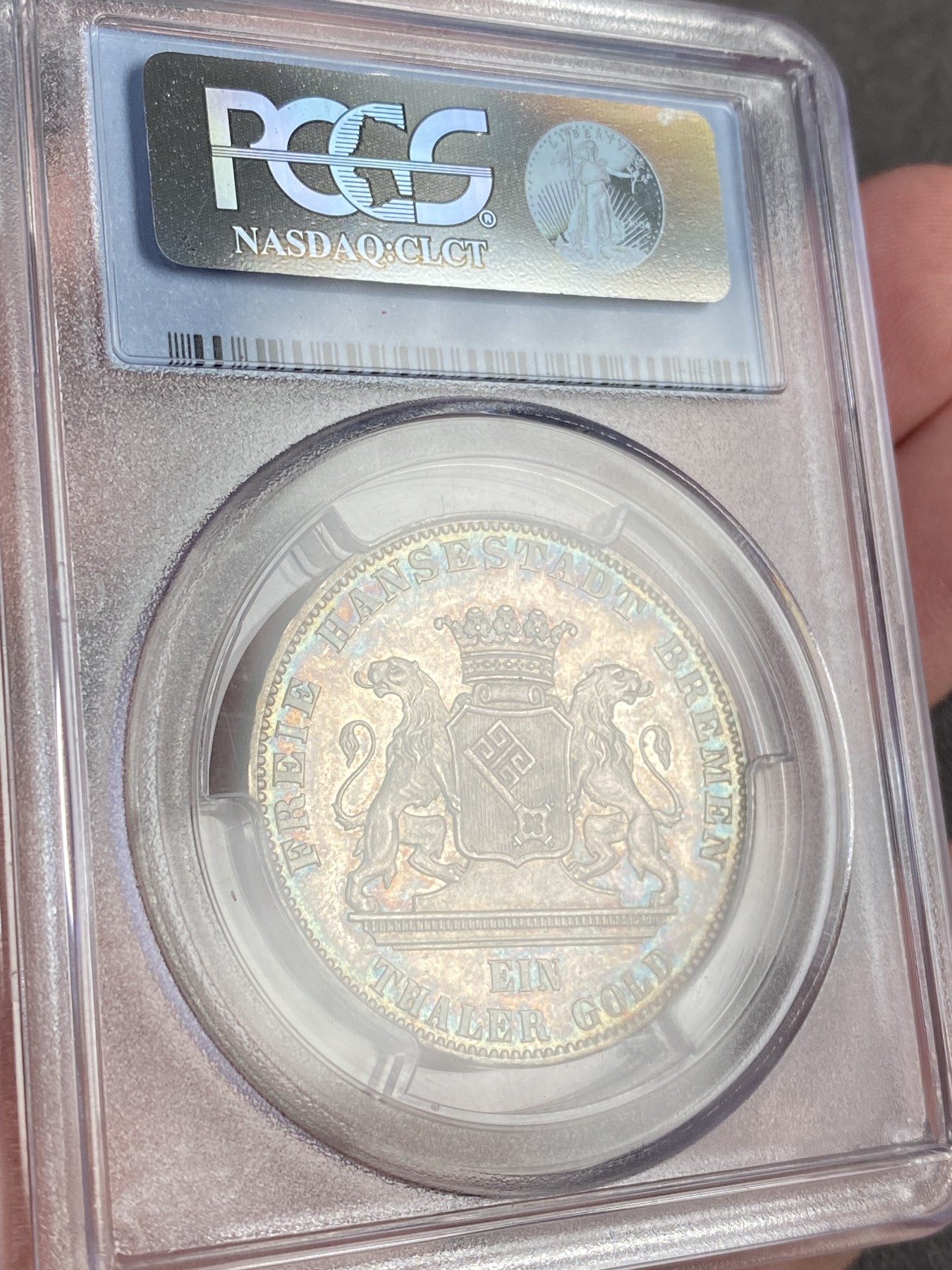 万国钱币拍卖第014期（奢华币宴第一季） PCGS MS66 1865年德国不莱梅射击节纪念1泰勒 超绝五彩 顶级品相 镜面感十足