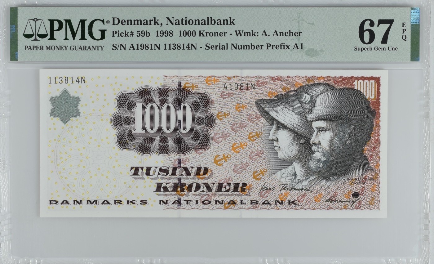 收藏联盟Quantum Auction 第284期拍卖  丹麦1998年1000克朗 PMG67 画家安切尔夫妇