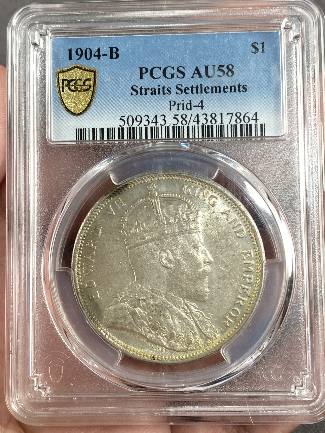 万国钱币拍卖第014期（奢华币宴第一季） PCGS AU58 1904年英属海峡爱德华七世1元大银币 这样的淡五彩和高点完美的表现 实在让人兴奋不已