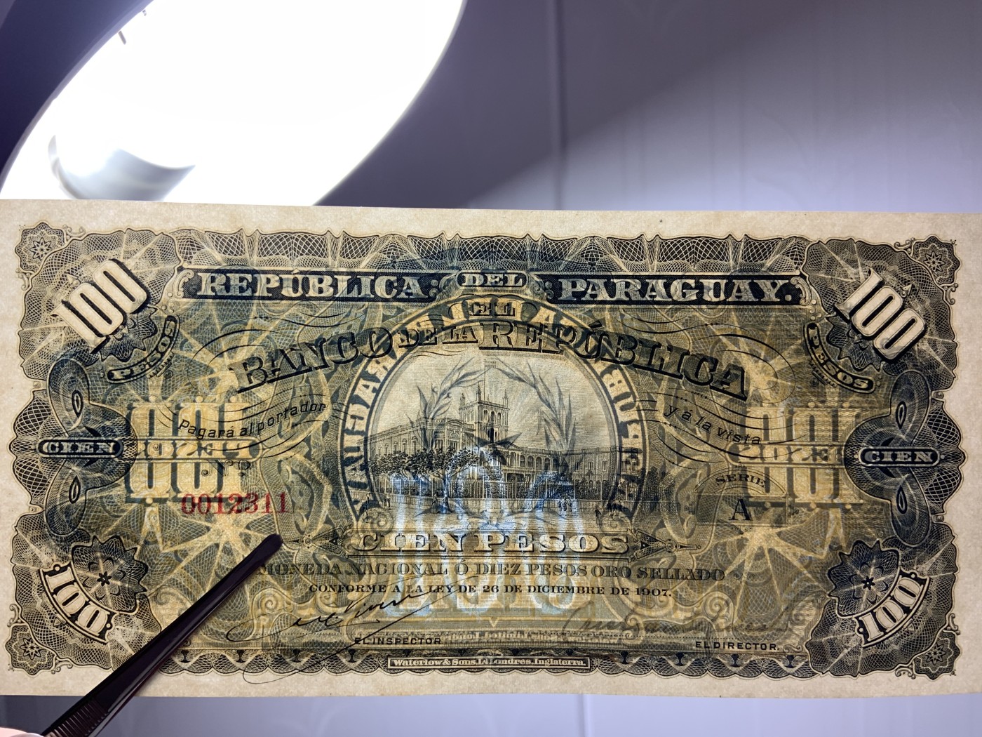 收藏联盟Quantum Auction 第283期拍卖  巴拉圭1907年100比索 品相UNC 号码无457 华德路代印