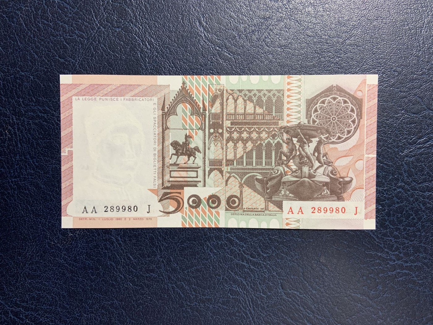 收藏联盟Quantum Auction 第283期拍卖  意大利1980年5000里拉 品相UNC 有点钞痕 AA冠 乌龟喷泉