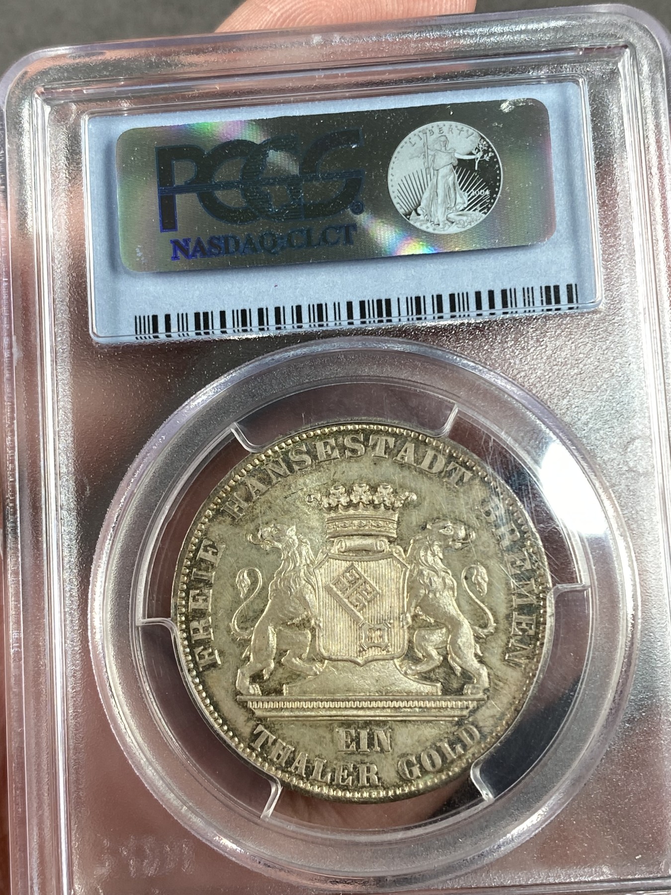 万国钱币拍卖第014期（奢华币宴第一季） PCGS MS66 1865年德国不莱梅射击节纪念1泰勒 超绝五彩 顶级品相 镜面感十足