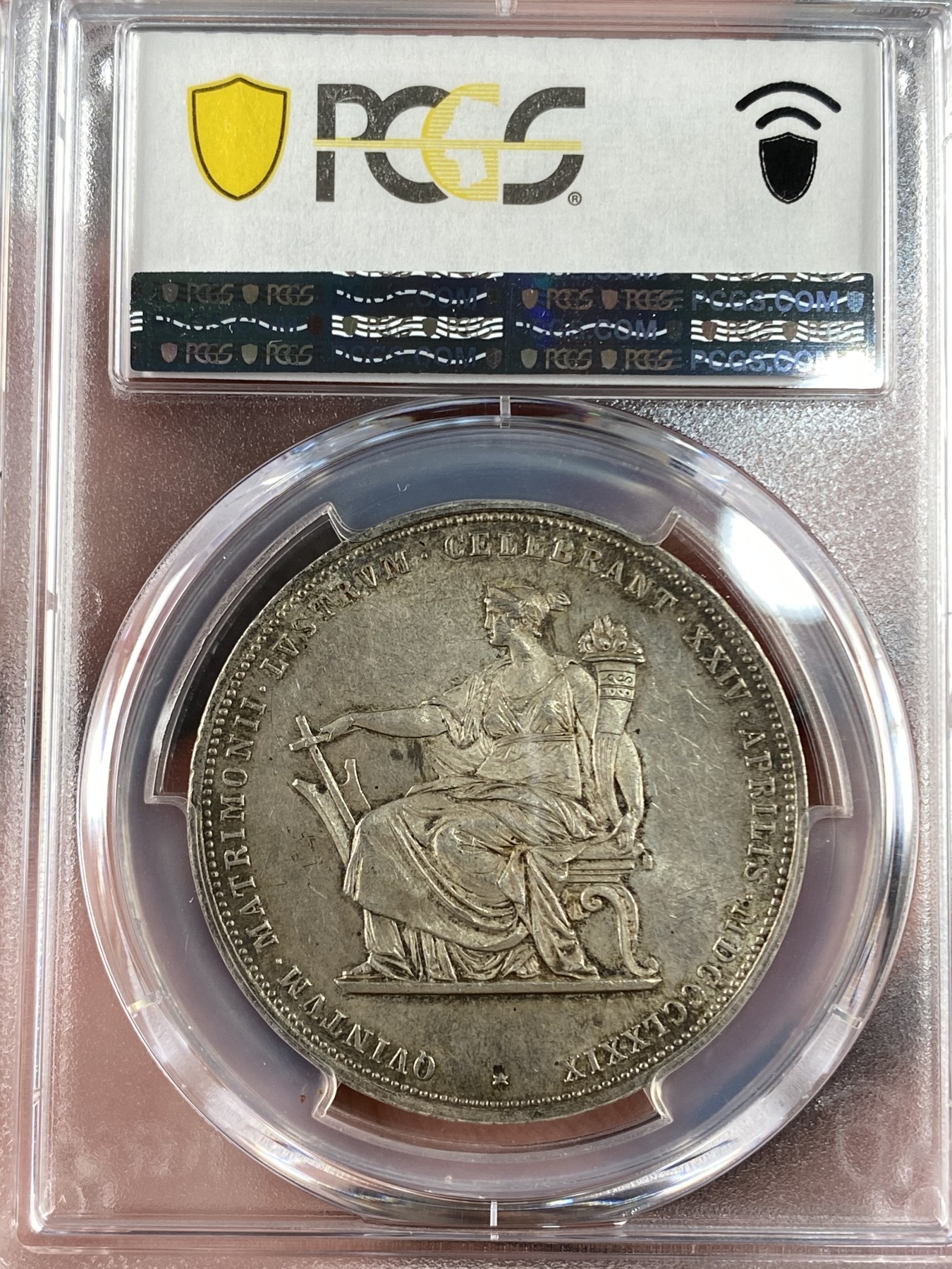 万国钱币拍卖第014期（奢华币宴第一季） PCGS MS62 1879年奥地利佛朗茨一世与茜茜公主银婚纪念2古尔登 原味五彩