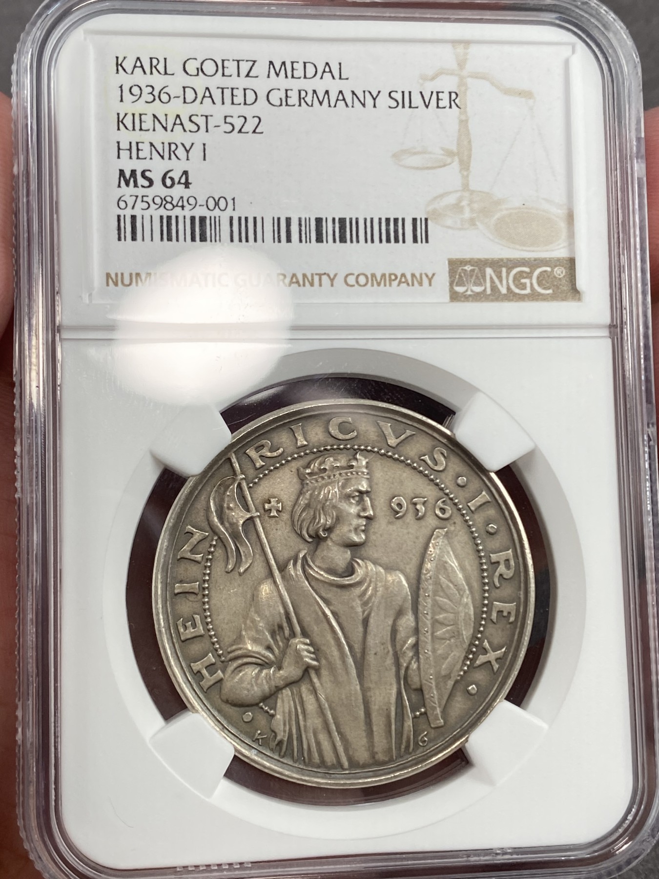 万国钱币拍卖第014期（奢华币宴第一季） NGC MS64 1936年德国海因里希一世逝世千年纪念银章，卡尔哥茨作品。