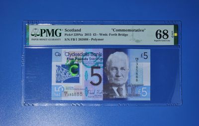 港、澳、台、中外钞、流水签、机签、箱包单、靓号专场第27期 - 苏格兰 2016年 5 镑塑料钞 克莱德斯戴尔银行 号码无47 纪念钞 豹子号 FB/1385888 PMG68 高分 靓号 ”一生发我发发发”一张 /如图