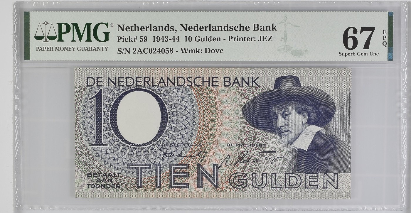收藏联盟Quantum Auction 第284期拍卖  荷兰1943-44年10盾 PMG67 伦勃朗名画《丝绸商会的理事》