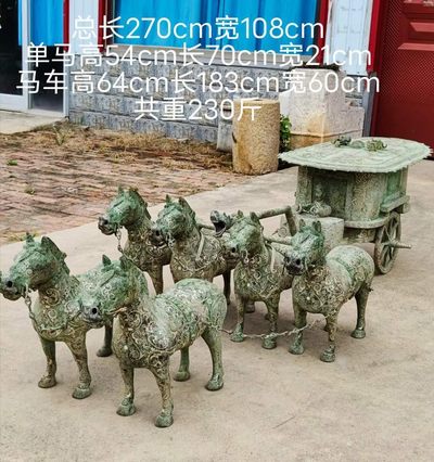 【名称】:天子驾六“六马拉车” 【材质】:青铜满工措银【简介】:天子所御驾六，其余副车皆驾四。《尚书。夏书。五子之歌》曰：“懔乎若朽索之驭六马”。逸礼《王度记》曰：“天子驾六，诸侯驾五，卿驾四，大夫三，士二，庶人一。此为纯手工精制打造，包浆厚重，磨损自然钙化深邃，刻画形象细腻逼真，威武霸气，通体满工，纹饰繁密，品相完整，成色如图 - 【名称】:天子驾六“六马拉车” 【材质】:青铜满工措银【简介】:天子所御驾六，其余副车皆驾四。《尚书。夏书。五子之歌》曰：“懔乎若朽索之驭六马”。逸礼《王度记》曰：“天子驾六，诸侯驾五，卿驾四，大夫三，士二，庶人一。此为纯手工精制打造，包浆厚重，磨损自然钙化深邃，刻画形象细腻逼真，威武霸气，通体满工，纹饰繁密，品相完整，成色如图