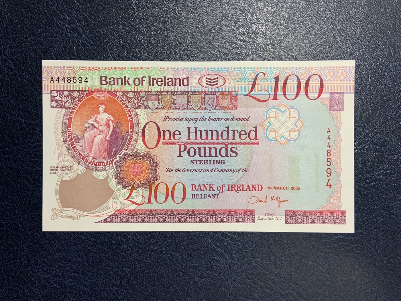 收藏联盟Quantum Auction 第283期拍卖  北爱尔兰2005年100镑 品相UNC 水印处下方有一个荧光块 
