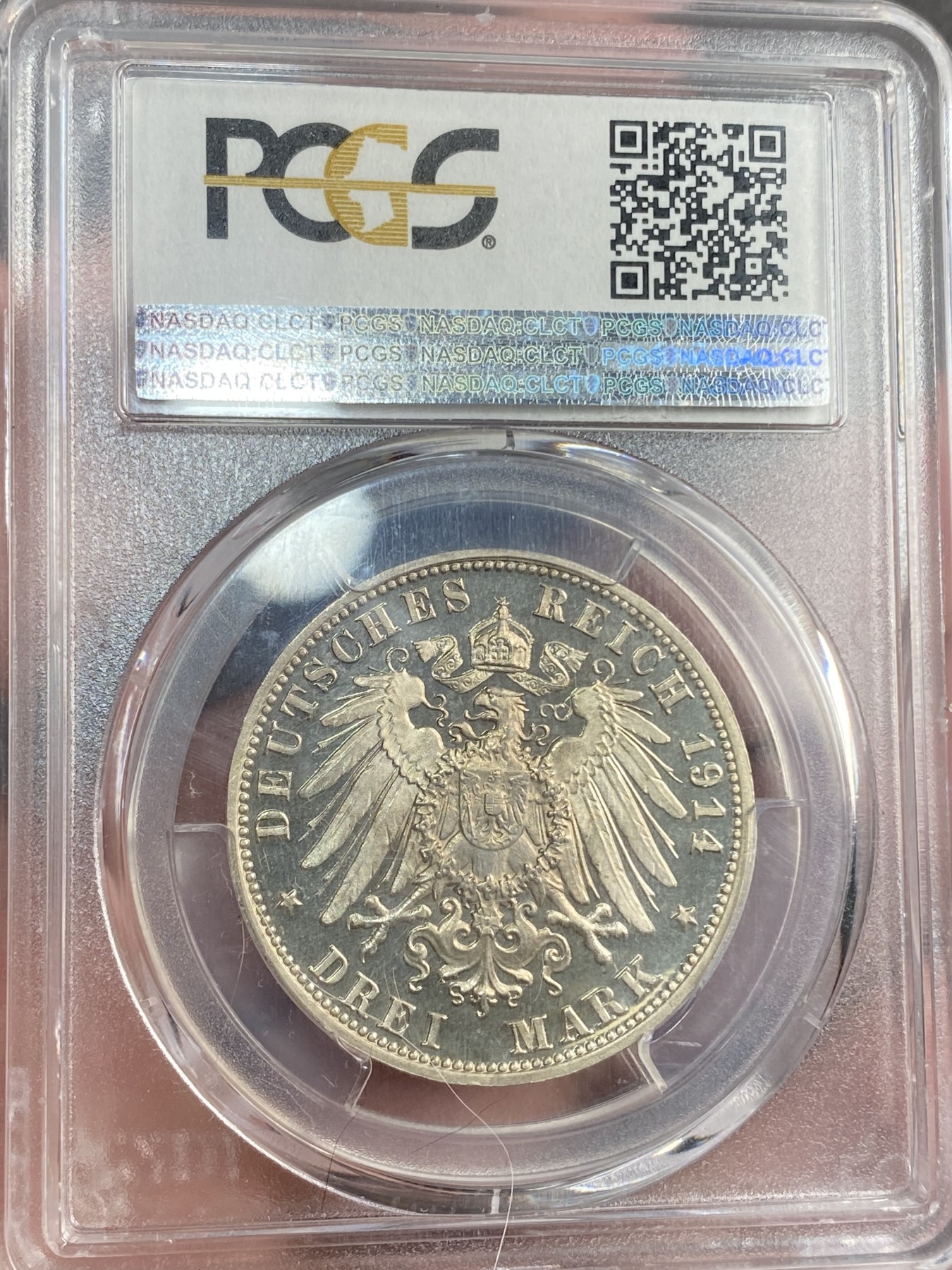 万国钱币拍卖第014期（奢华币宴第一季） PCGS PR63DC 1914年德国符腾堡长翅3马克 深度镜面 原味实在是爱不释手