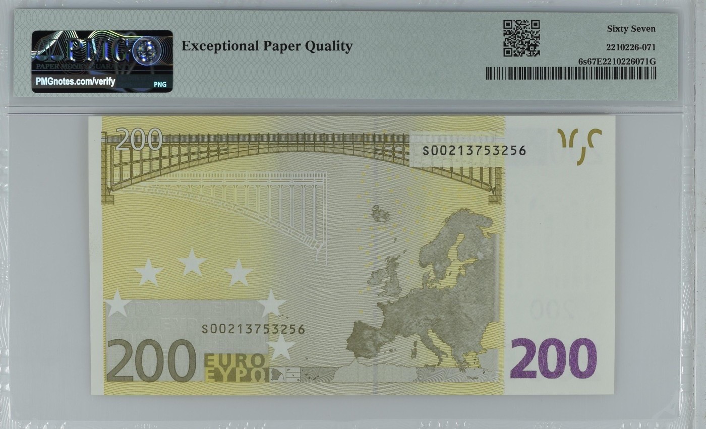 收藏联盟Quantum Auction 第284期拍卖  欧盟国家意大利2002年200欧元 PMG67 稀少第一签 号码无4