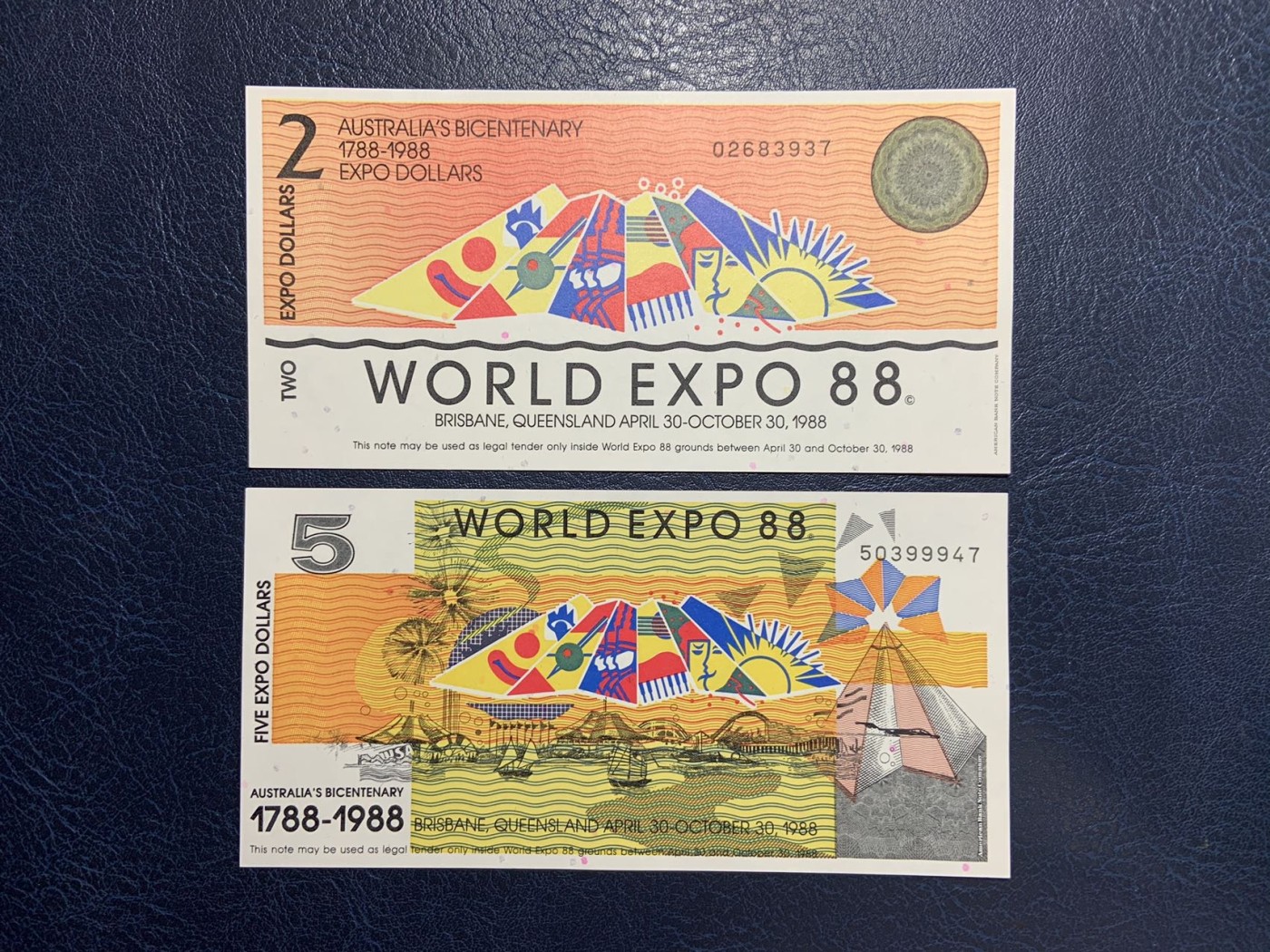 收藏联盟Quantum Auction 第283期拍卖  澳大利亚1988年布里斯班世博会2和5元代金 品相UNC  雕刻版