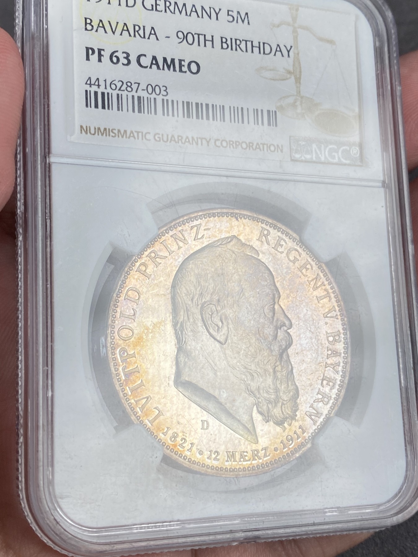 万国钱币拍卖第014期（奢华币宴第一季） NGC PF63CA 1911年德国巴伐利亚摄政王90大寿纪念流通5马克 淡金彩 与2、3马克同出一盒