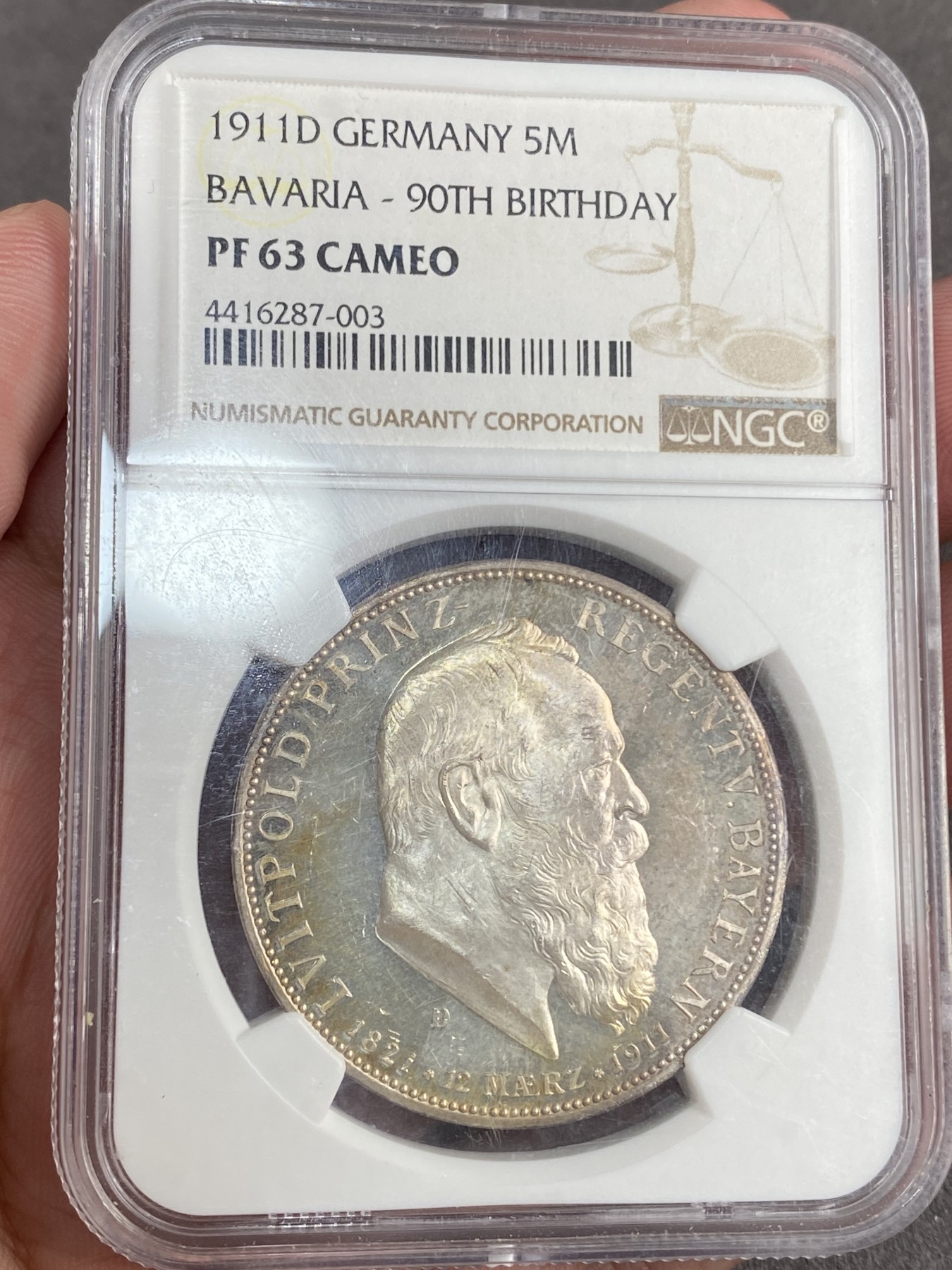 万国钱币拍卖第014期（奢华币宴第一季） NGC PF63CA 1911年德国巴伐利亚摄政王90大寿纪念流通5马克 淡金彩 与2、3马克同出一盒