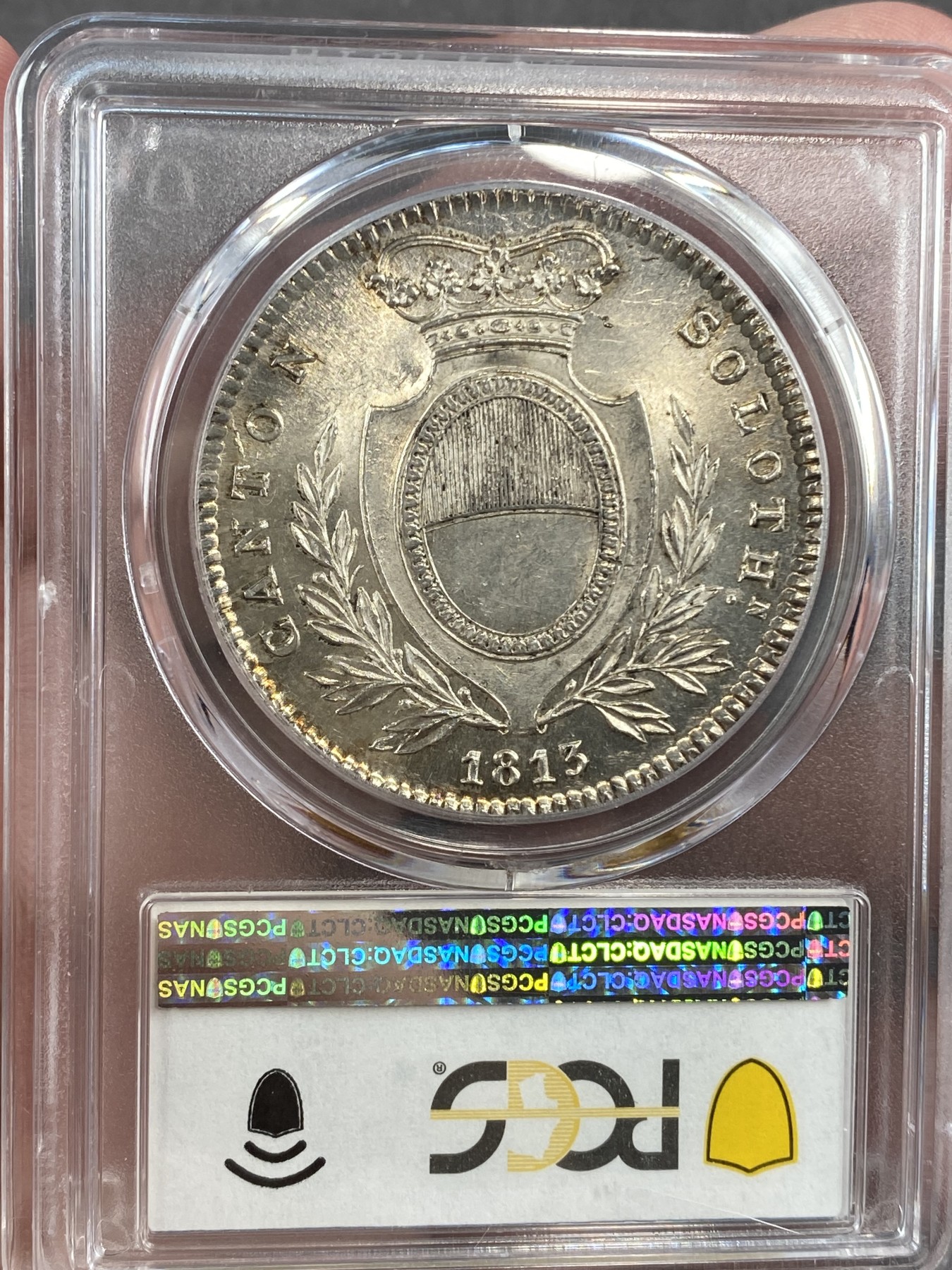 万国钱币拍卖第014期（奢华币宴第一季） PCGS MS64 1813年瑞士索洛图恩雇佣兵4法郎 发行量仅仅250枚，此枚为唯一冠军，类镜面质感，银光闪耀，瑞士雇佣兵系列的总筋，一枚难寻。