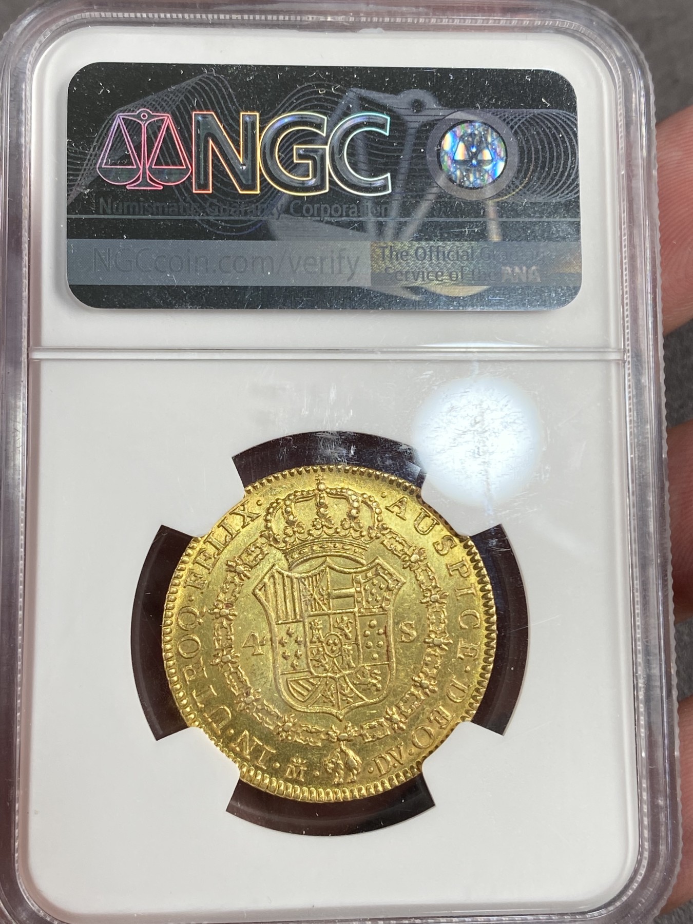 万国钱币拍卖第014期（奢华币宴第一季） NGC MS62 1786年西班牙卡洛斯三世4埃斯库多金币 顶级状态