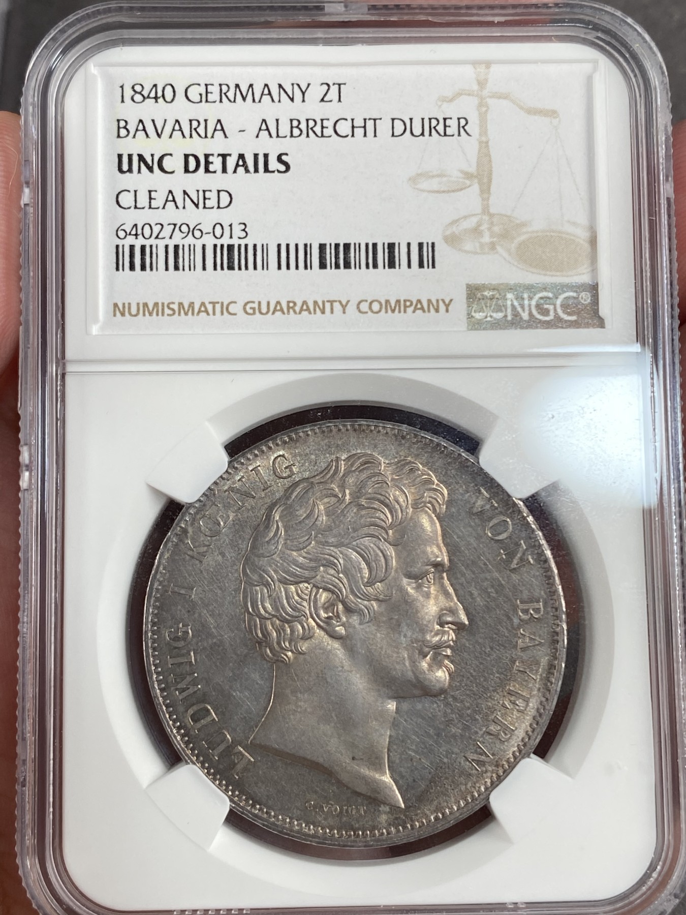 万国钱币拍卖第014期（奢华币宴第一季） NGC UNCD 1840年德国巴伐利亚路德维希一世丢勒纪念雕像2泰勒 无论包浆还是高点此枚都是不可多得的好状态，唯一背面有些许擦拭痕也不影响它出类拔萃的历史泰勒状态