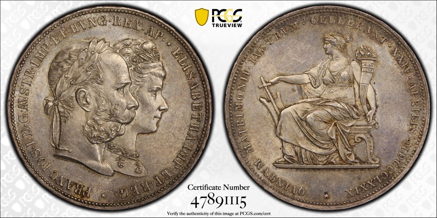 万国钱币拍卖第014期（奢华币宴第一季） PCGS MS62 1879年奥地利佛朗茨一世与茜茜公主银婚纪念2古尔登 原味五彩