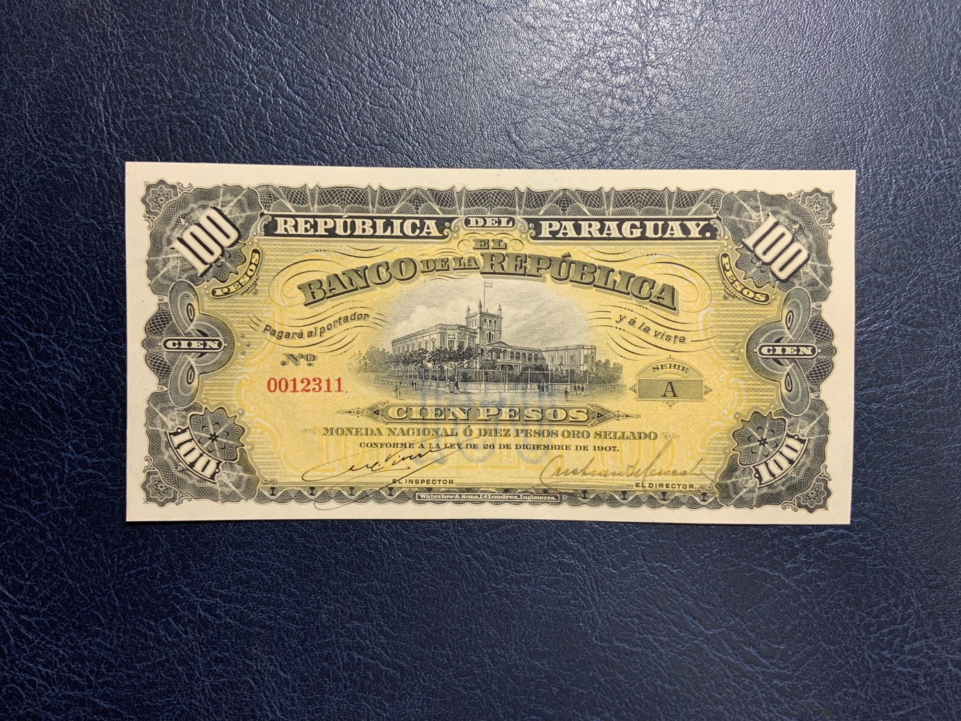 收藏联盟Quantum Auction 第283期拍卖  巴拉圭1907年100比索 品相UNC 号码无457 华德路代印