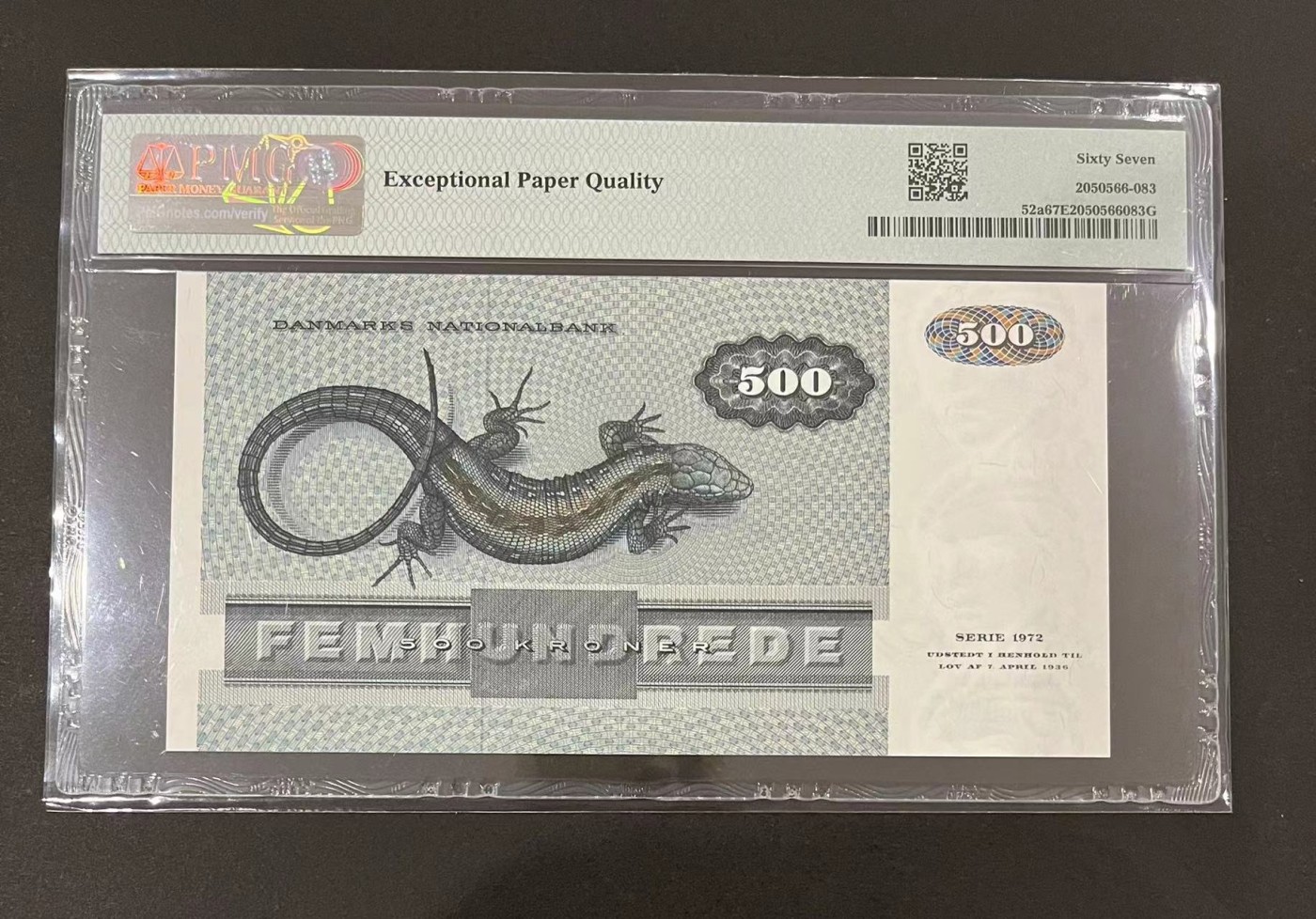 收藏联盟Quantum Auction 第283期拍卖  丹麦1972年500克朗 PMG67 首发年份 大蝾螈 号码无457