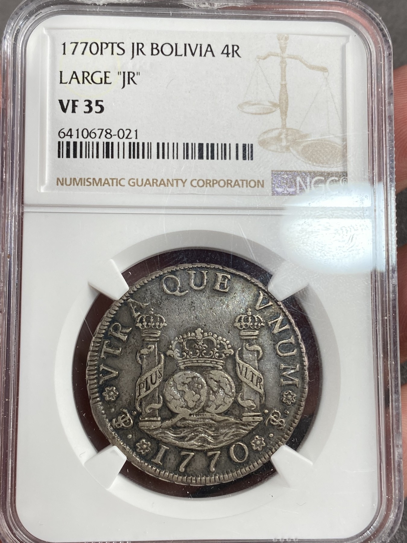 万国钱币拍卖第014期（奢华币宴第一季） NGC VF35 1770年西属玻利维亚4R地球 特殊版别大JR 外拍45分2600刀 原味状态非常难得