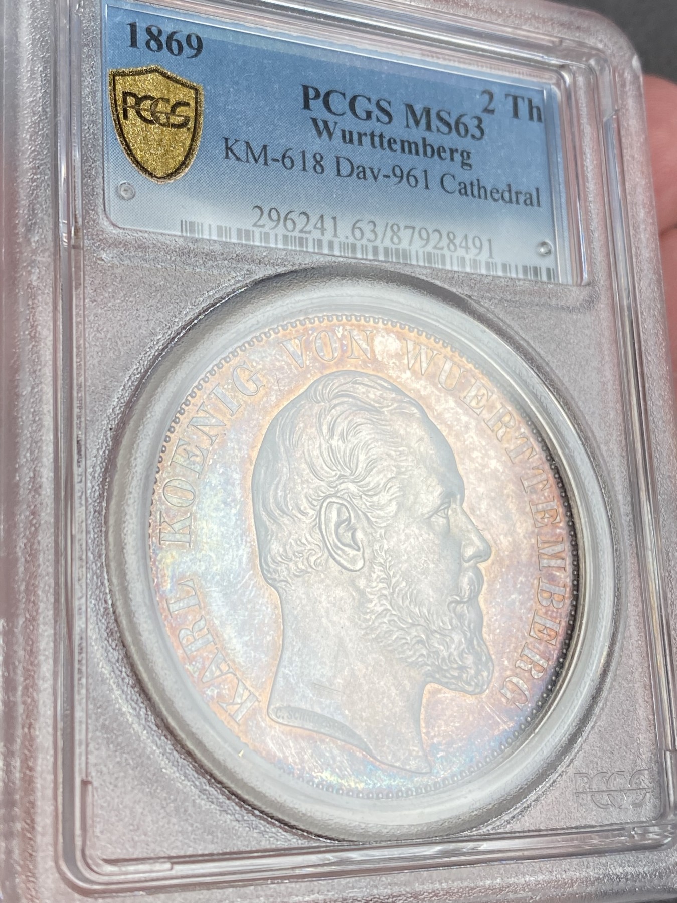 万国钱币拍卖第014期（奢华币宴第一季） PCGS MS63 1869年德国符腾堡经典乌尔姆大教堂竣工纪念2泰勒 联合泰勒经典中的经典 五彩斑斓 1869版发行量只有1700多枚 这样出类拔萃的品种和状态让人无法错过