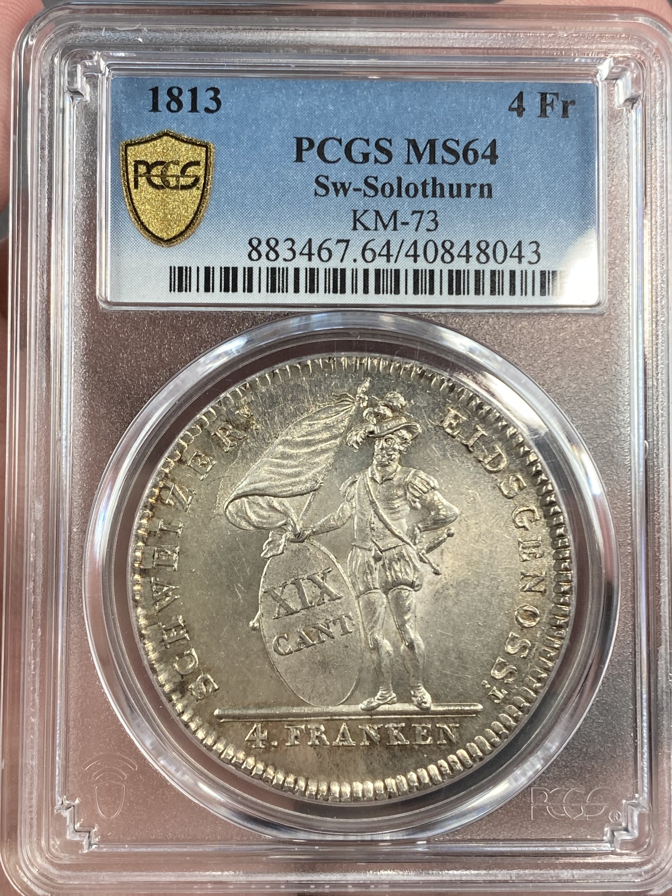 万国钱币拍卖第014期（奢华币宴第一季） PCGS MS64 1813年瑞士索洛图恩雇佣兵4法郎 发行量仅仅250枚，此枚为唯一冠军，类镜面质感，银光闪耀，瑞士雇佣兵系列的总筋，一枚难寻。