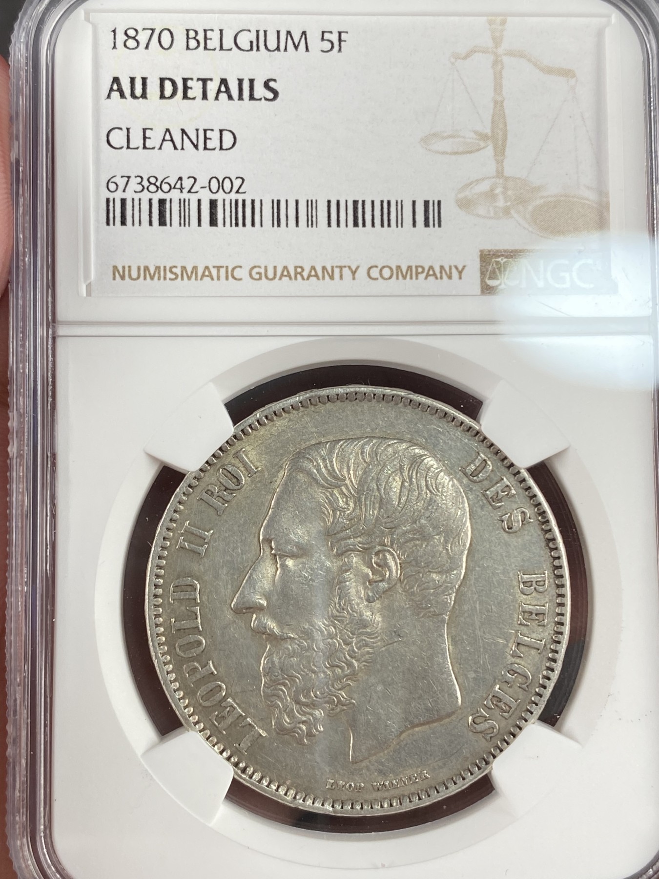 万国钱币拍卖第014期（奢华币宴第一季） NGC AUD 1870比利时5法郎