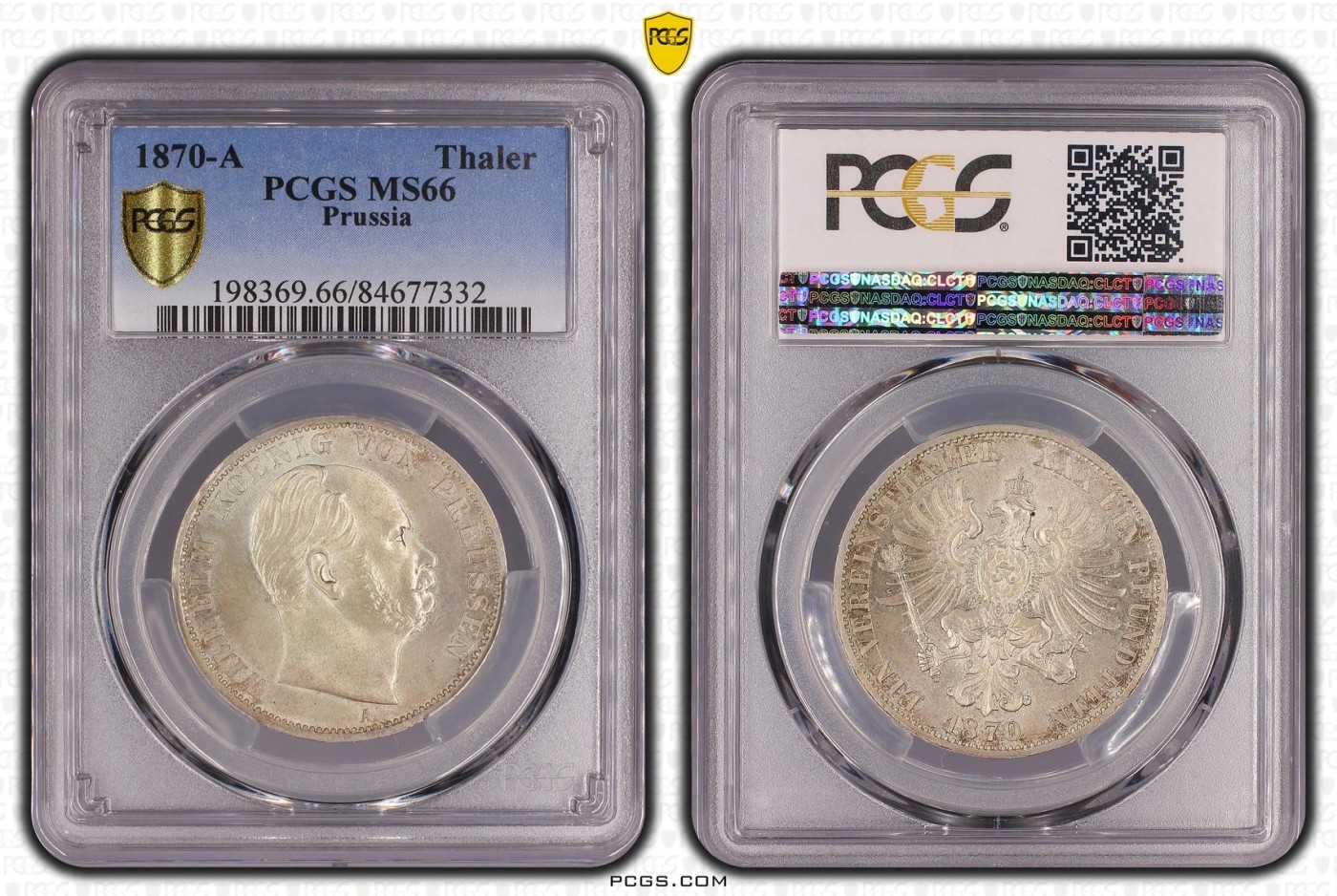 万国钱币拍卖第014期（奢华币宴第一季） PCGS MS66 1870德国普鲁士威廉一世鹰徽1泰勒，流通泰勒高分难度非常之大，PC唯一冠军，今年1月份ha拍卖原物，成交价1200美金。