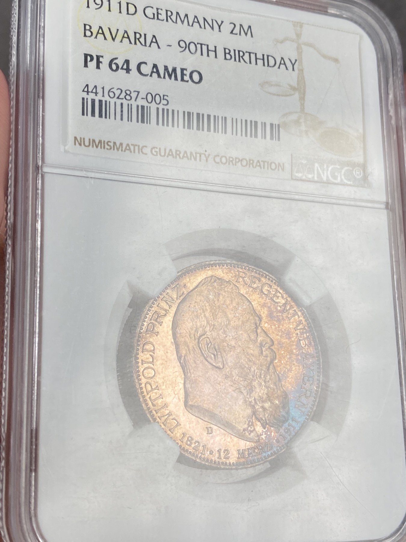 万国钱币拍卖第014期（奢华币宴第一季） NGC PF64CA 1911年德国巴伐利亚摄政王90大寿纪念流通2马克 精致原盒五彩 