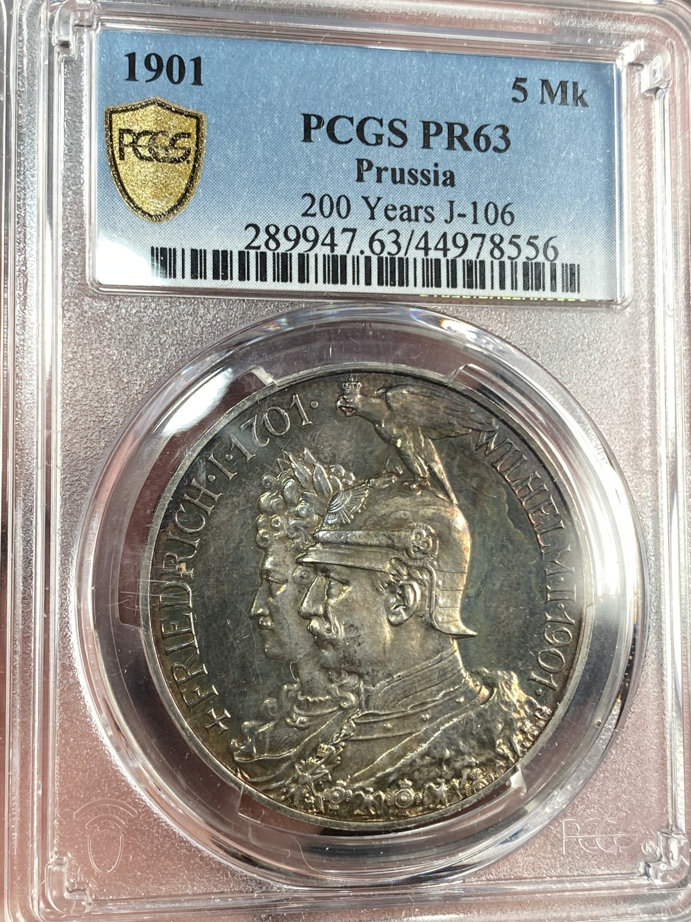 万国钱币拍卖第014期（奢华币宴第一季） PCGS PR63 1901年德国普鲁士建国200周年纪念流通5马克 精致镜面幻五彩 高点底板都非常令人愉悦