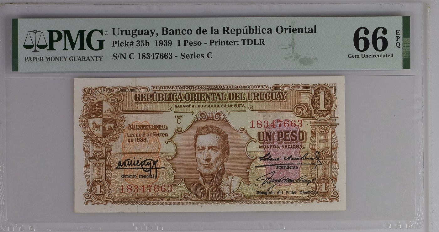 收藏联盟Quantum Auction 第284期拍卖  乌拉圭1939年1比索 PMG66 稀少b版 德纳罗代印 背面商船队
