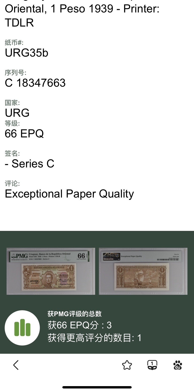 收藏联盟Quantum Auction 第284期拍卖  乌拉圭1939年1比索 PMG66 稀少b版 德纳罗代印 背面商船队