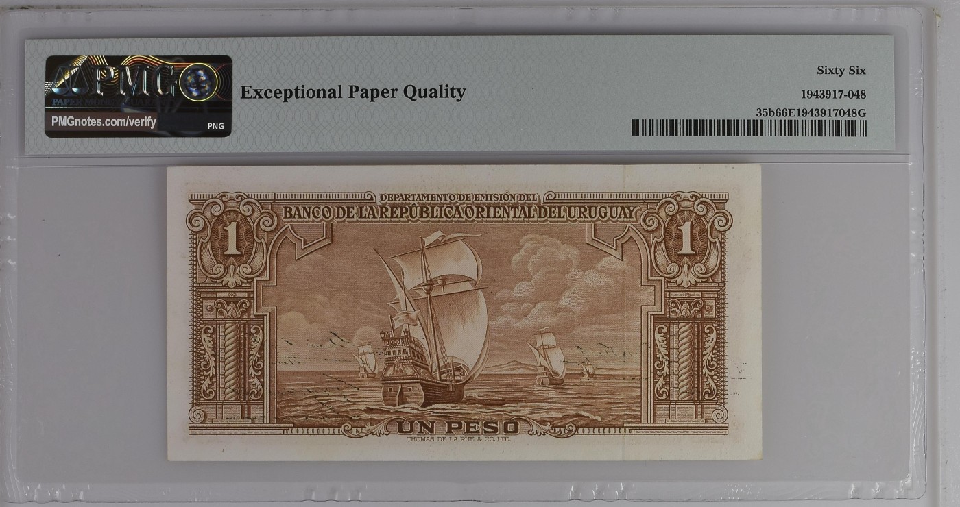 收藏联盟Quantum Auction 第284期拍卖  乌拉圭1939年1比索 PMG66 稀少b版 德纳罗代印 背面商船队