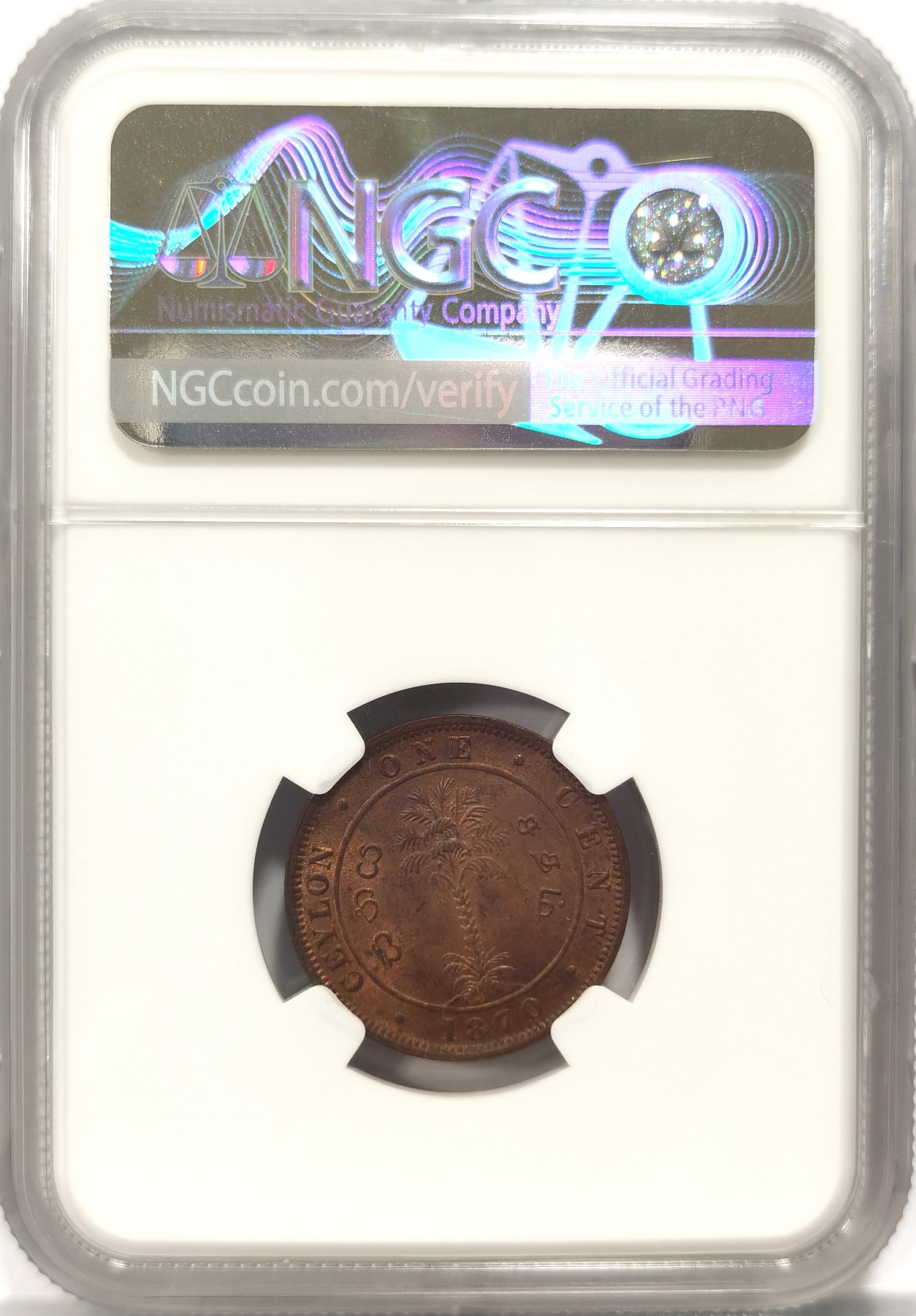 博洋堂世界钱币拍卖第140期（全场包邮） NGC MS63BN 英属锡兰1870年维多利亚1Cent铜币