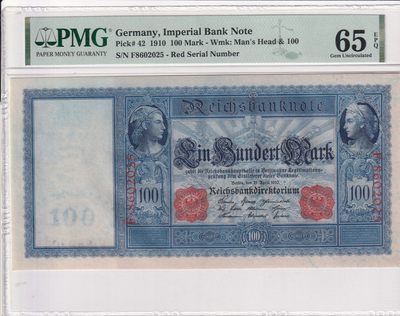 乐淘淘纸币精选 第16期  - 【F8602025】德国1910年纸币 100马克 号码无347 百年老钞 大票幅 PMG65EPQ 季军分
