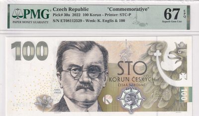 乐淘淘纸币精选 第16期  - 【ET08112529】捷克2022年纸币 100克朗 货币问世100周年纪念钞 号码无47 PMG67EPQ