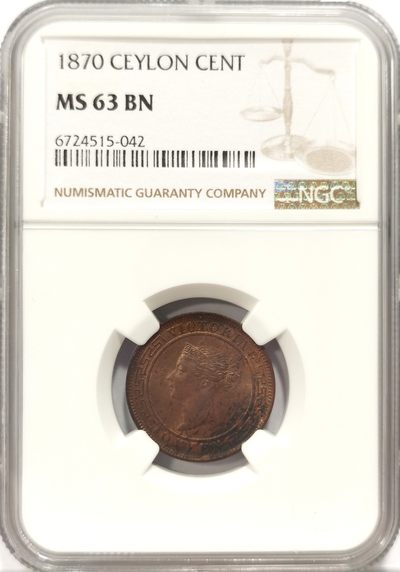 博洋堂世界钱币拍卖第140期（全场包邮） - NGC MS63BN 英属锡兰1870年维多利亚1Cent铜币