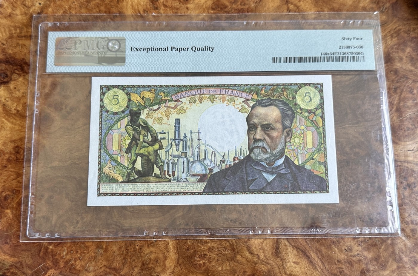Chase Auction 第24期 - - 外钞、民国钞和人民币混合场！ 1966年法国5法郎，巴斯德，PMG64e！