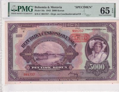 乐淘淘纸币精选 第16期  - 【C 991757】波西米亚1943年纸币 5000克朗 样钞 大票幅 全奇数 PMG65EPQ 季军分