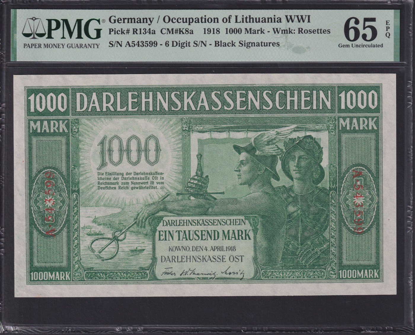 草稿银行第十期国内外钞票拍卖 德占立陶宛 1918年 1000东线马克 由在立陶宛科夫诺(今立陶宛考那斯)成立的东部贷款银行发行，其负责一战期间德国对沙俄占领区的纸币发行工作 1000东线马克折合当时100帝国马克 由帝国印钞Reichsdruckerei 印制正面印有墨丘利肖像 6位序列号 PMG 65 季军分