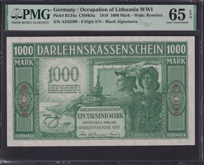 草稿银行第十期国内外钞票拍卖 - 德占立陶宛 1918年 1000东线马克 由在立陶宛科夫诺(今立陶宛考那斯)成立的东部贷款银行发行，其负责一战期间德国对沙俄占领区的纸币发行工作 1000东线马克折合当时100帝国马克 由帝国印钞Reichsdruckerei 印制正面印有墨丘利肖像 6位序列号 PMG 65 季军分