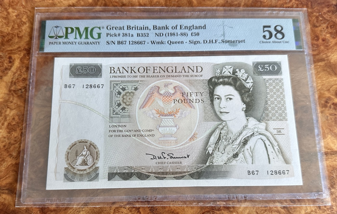 Chase Auction 第24期 - - 外钞、民国钞和人民币混合场！ 1981年英国50镑，D序列，PMG58！