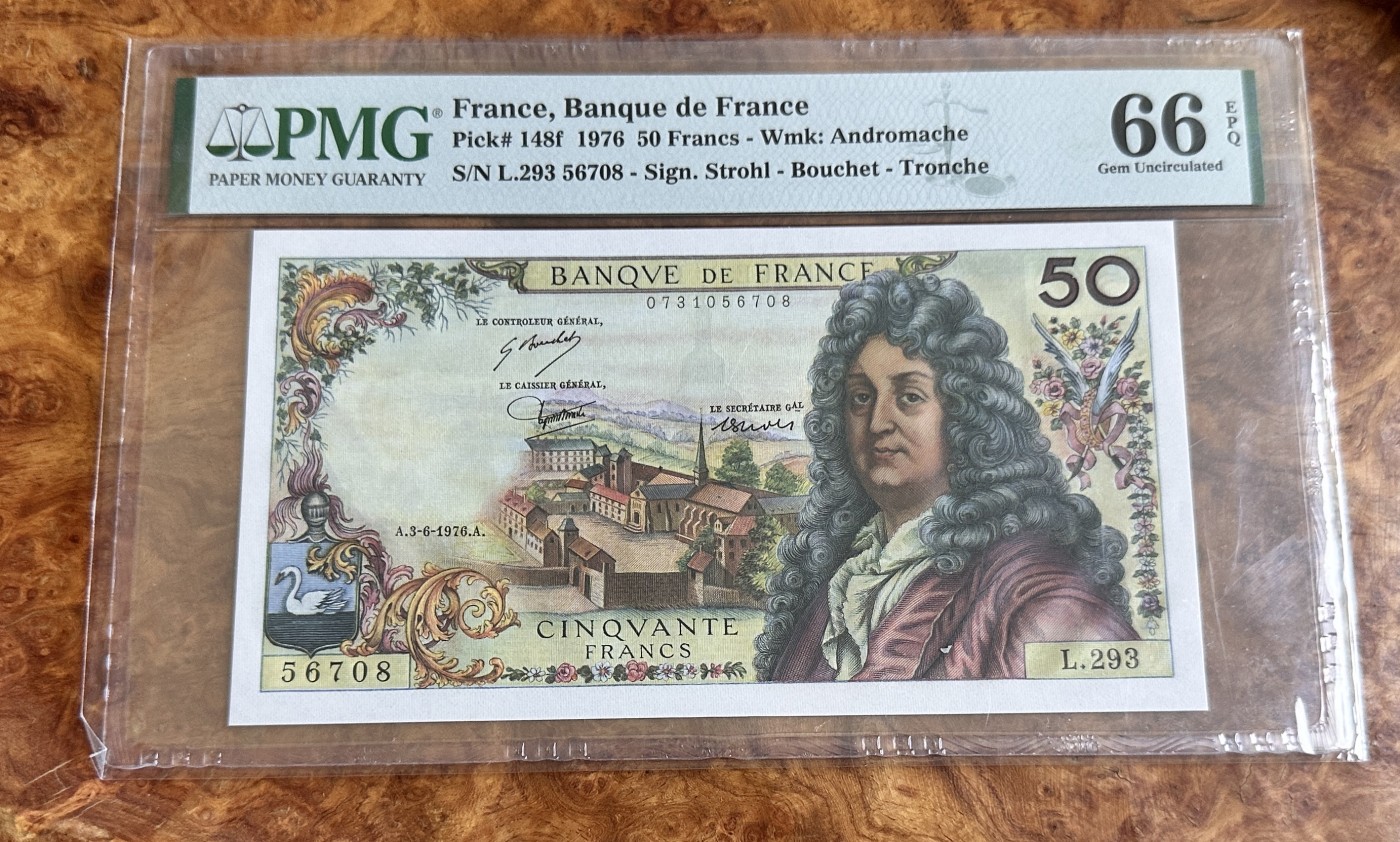 Chase Auction 第24期 - - 外钞、民国钞和人民币混合场！ 1976年法国50法郎，PMG66！